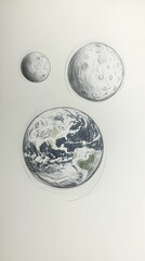 a sketch of the planets and earth it depicts celestial bodies in a grayscale drawing style
