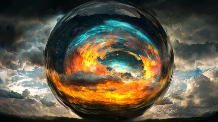 Wall Mural - enigmatic sphere floating against a bright sky background surrounded by atmospheric fog and cosmic r