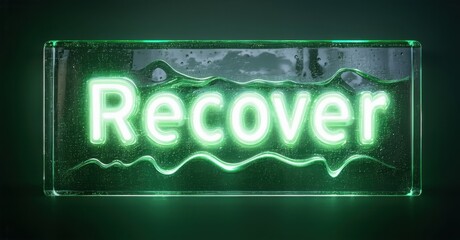 Aufkleber - Bright neon text reads Recover within glass block. Liquid effect visible, dark green background creates dramatic visual.