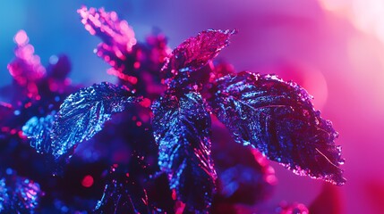 Wall Mural - close-up view of a plant illuminated with blue and pink lights showcasing vibrant tones and high-key