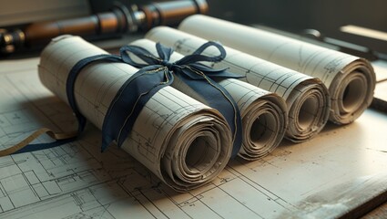Wall Mural - architectural blueprints wrapped with a dark blue ribbon and gold trim