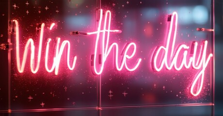 Poster - Bright pink neon sign displays motivational phrase. Background shows blurred lights, creating vibrant effect.