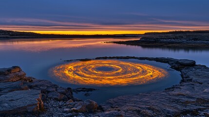 Wall Mural - a circular rock formation surrounded by surreal elements under a dreamlike sky with ethereal light a