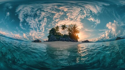 Wall Mural - enchanting tropical island nestled in the ocean under a surreal and dreamlike sky with gravity-defyi