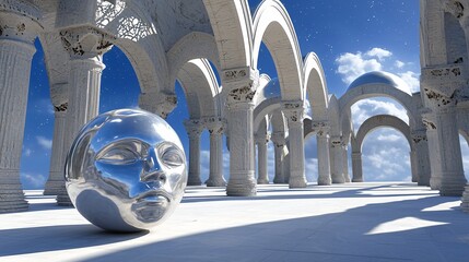 Wall Mural - a large silver ball positioned within a building creating a surreal dreamlike scene with living shad