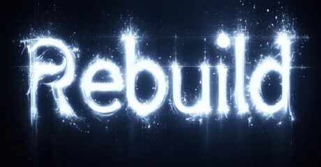 Poster - Bright text spells Rebuild with glowing particles. Dark blue background creates dramatic effect. Energetic, powerful visual presentation.