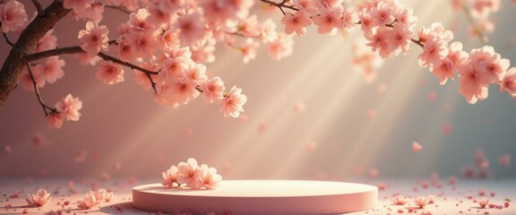 Poster - Ethereal cherry blossom showcase: Sunlit platform with delicate pink blooms, soft lighting, and dreamy atmosphere