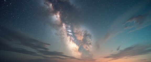 Aufkleber - Night sky adorned with ethereal Milky Way and wispy clouds, creating a tranquil celestial vista.