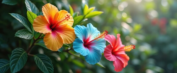 Poster - Tropical hibiscus flowers in vibrant colors blooming on a natural green background with bright sunlight