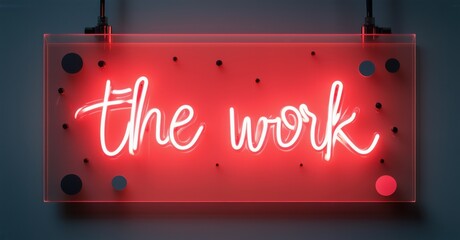 Leinwandbilder - Bright neon sign displays cursive text. Red glow emanates from glass panel, suspended by cables. Minimalist design, dark background.