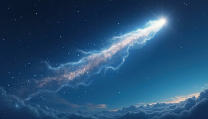 Fototapete - Luminous celestial phenomenon streaks through a dark starry sky over a sea of clouds in a surreal atmosphere