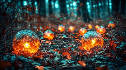 Wall Mural - surreal dreamlike forest scene filled with numerous glowing balls of energy creating a mystical and 