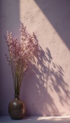 Poster - Pink Flowers in Brown Vase Against Textured Wall with Sunlight and Shadows