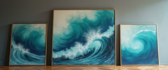 Poster - Abstract Ocean Wave Art in Gold Frames Displayed on Wood Floor Against Gray Wall in Interior