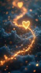 Leinwandbilder - Glowing Heart in Dreamy Cloudscape with Sparkling Trail - Fantasy Love Concept