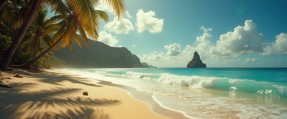 Poster - Tranquil tropical beach with turquoise waves, palm trees, and lush green mountains in a sunny landscape.