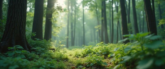Aufkleber - Lush Forest Floor with Verdant Plants and Sunlight Filtering Through Tall Trees
