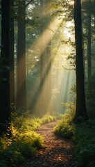 Aufkleber - Sunbeams filter through trees illuminating a forest path, creating an ethereal, serene atmosphere.