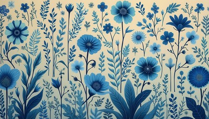 Poster - Botanical Illustration: A Vibrant Tapestry of Blue Flowers and Foliage on Light Beige Background