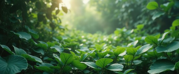 Aufkleber - Lush foliage with vibrant green leaves covering a meadow in soft sunlight, creating a serene and inviting natural landscape