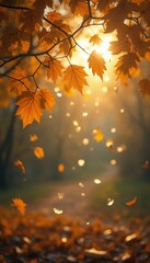 Poster - Golden Autumn Pathway: Sunlight Filtering Through Maple Leaves on a Foggy Path, Creating a Serene and Enchanting Seasonal Scene