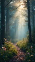 Poster - Tranquil Path Through a Misty Forest with Sunbeams and Wildflowers, Creating an Ethereal Natural Landscape