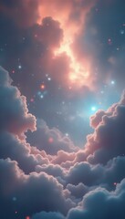 Poster - Dreamy ethereal clouds illuminated by soft light in a surreal sky, resembling a gateway to another world