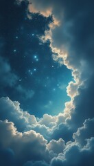 Poster - Celestial Dreamscape: Clouds Unveiling a Starry Sky, Evoking Peace and Wonder