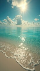 Poster - Serene beach scene with turquoise water, gentle waves, and a bright sun shining through fluffy clouds