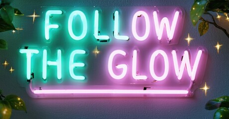 Aufkleber - Bright neon sign displays Follow The Glow. Lush greenery frames vibrant pink, turquoise illumination. Dark background emphasizes glowing text.