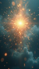Poster - Ethereal Burst: A Cinematic Depiction of Light and Energy Radiating Through Atmospheric Clouds, Sparkling with a Soft, Golden Glow