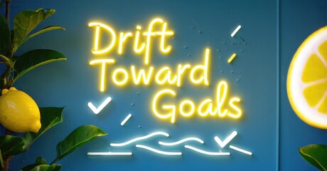 Poster - Bright neon sign displays motivational phrase. Lemons, leaves frame glowing text. Blue background creates vibrant contrast.