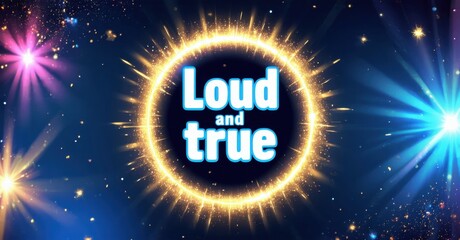 Fototapete - Bright image features text Loud and true within glowing circle. Background displays vibrant starbursts, dark blue space.