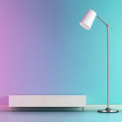Poster - Modern floor lamp minimalist white cabinet pastel gradient wall stylish interior contemporary decor clean lines serene atmosphere soft lighting empty room relaxing mood