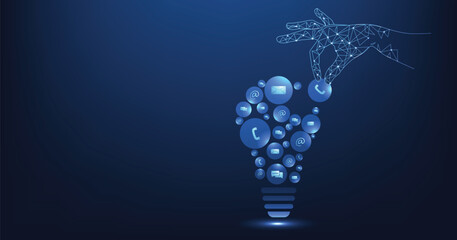 Leinwandbilder - Concept of Contact us or the Customer support hotline connect. call center service provider concept, advice to customer help, and support services are digital on a dark blue background.	