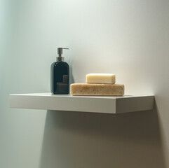 Poster - Minimalist bathroom shelf with liquid soap dispenser and two natural bar soaps, modern clean design, soft lighting creates calm and relaxing atmosphere