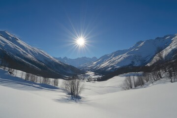snowy valley nestled between tall, snow-capped mountains, bathed in bright sunlight a clear, vibrant