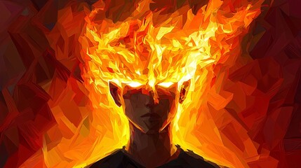 Wall Mural - Surreal representation of a man with fiery head symbolizing ethereal illumination and energy in a striking abstract artistic vision