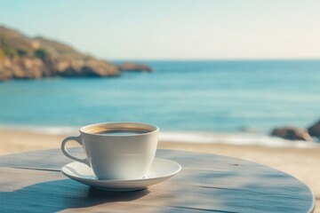 Wall Mural - Enjoying a cup of coffee with a stunning beach view on a sunny day, Coffee on indoor table overlooking beautiful beach in summer ing