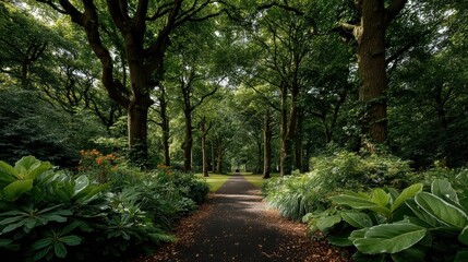 Wall Mural - lush green trees lining a pathway through a verdant park.