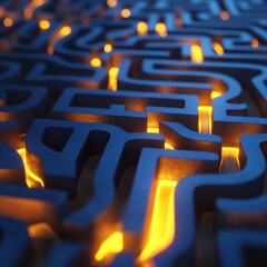 a labyrinth maze with a glowing yellow path on a blue background suggesting a concept of problem sol