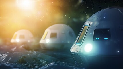 Wall Mural - impressive space station bathed in a bright light against the cosmic background representing advance