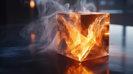 Intricate cube of transparent material showcasing interior flames.