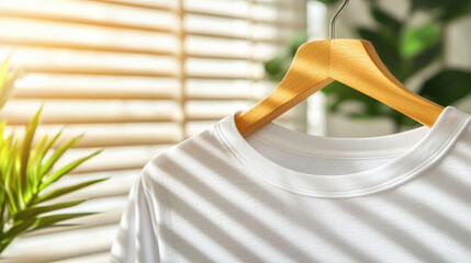 Leinwandbilder - White plain t shirt on wooden hanger is illuminated by sunlight streaming through blinds, creating serene and peaceful atmosphere