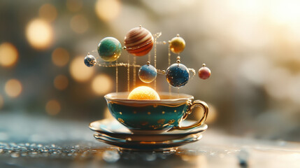 Poster - Whimsical miniature solar system floats above delicate teacup, creating magical and imaginative scene. planets are intricately detailed, adding sense of wonder and fantasy