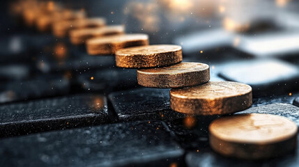 Fototapete - Row of coins is balanced on keyboard, symbolizing intersection of finance and technology. image captures concept of digital currency and modern business ethics