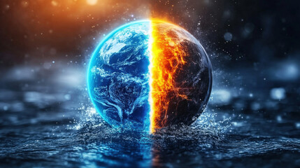 Poster - Digitally created image of Earth shows one half engulfed in flames and other in water, symbolizing climate change and environmental balance
