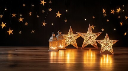 Wall Mural - wide christmas decor banner background with gold color glowing star lanterns lighten on the floor