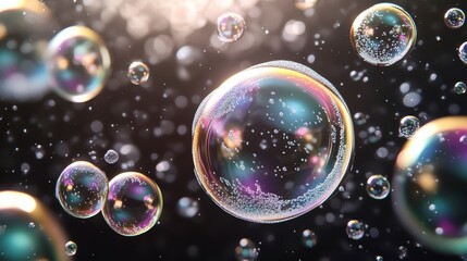 Poster - Colorful iridescent soap bubbles floating in dark background, illuminated by soft light.