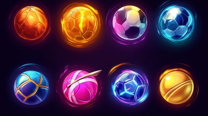 Aufkleber - Eight glowing game balls; soccer, basketball, and fantasy designs.